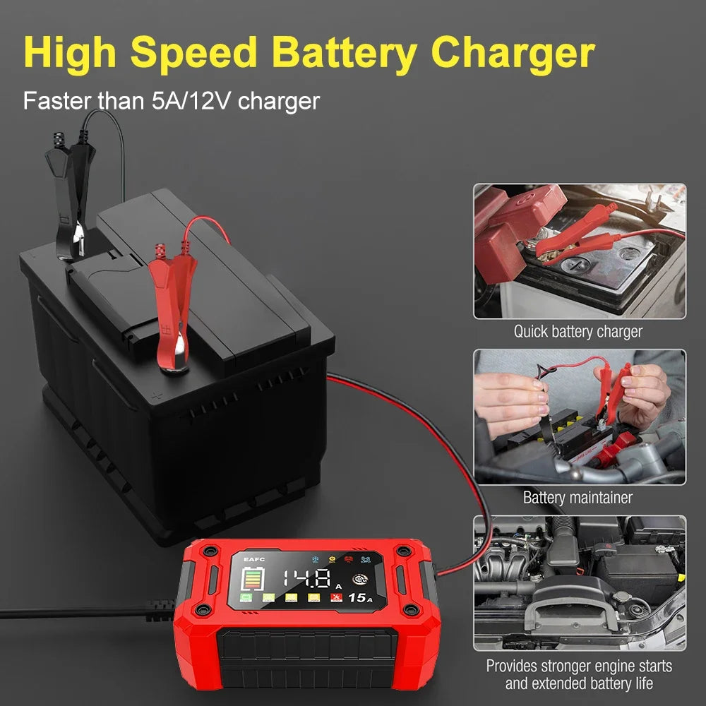 Cargador Inteligente de Batería de Coche EAFC 12V 15A/8A – Reparación por Pulsos, Pantalla Táctil, 4 Modos
