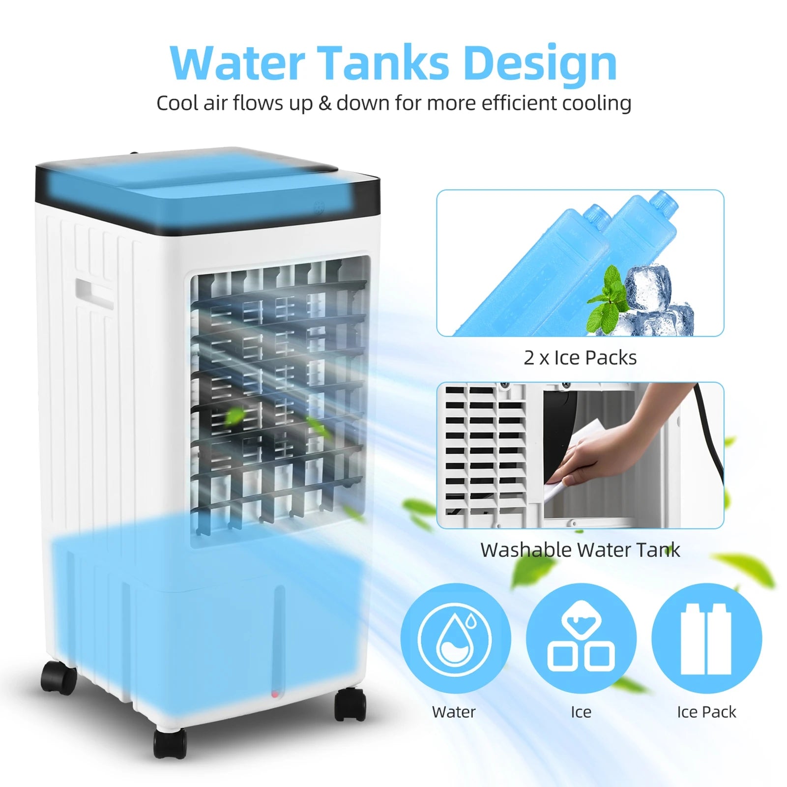 Enfriador de Aire Evaporativo 100° Oscilación, Mando a Distancia, 2 Cajas de Hielo, Depósito 8L, Temporizador 1-7H, 3 Velocidades