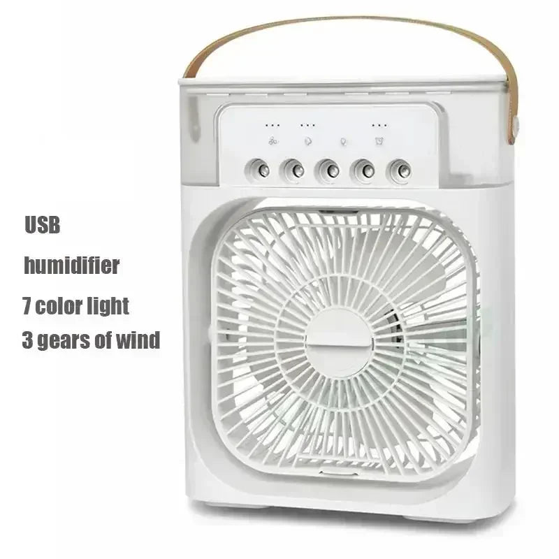 Ventilador 3 en 1 OIMG Portatil, Mini Aire Acondicionado con Humidificador, Luz LED Nocturna de 7 Colores, 3 Velocidades y Nebulizacion para Hogar y Oficina