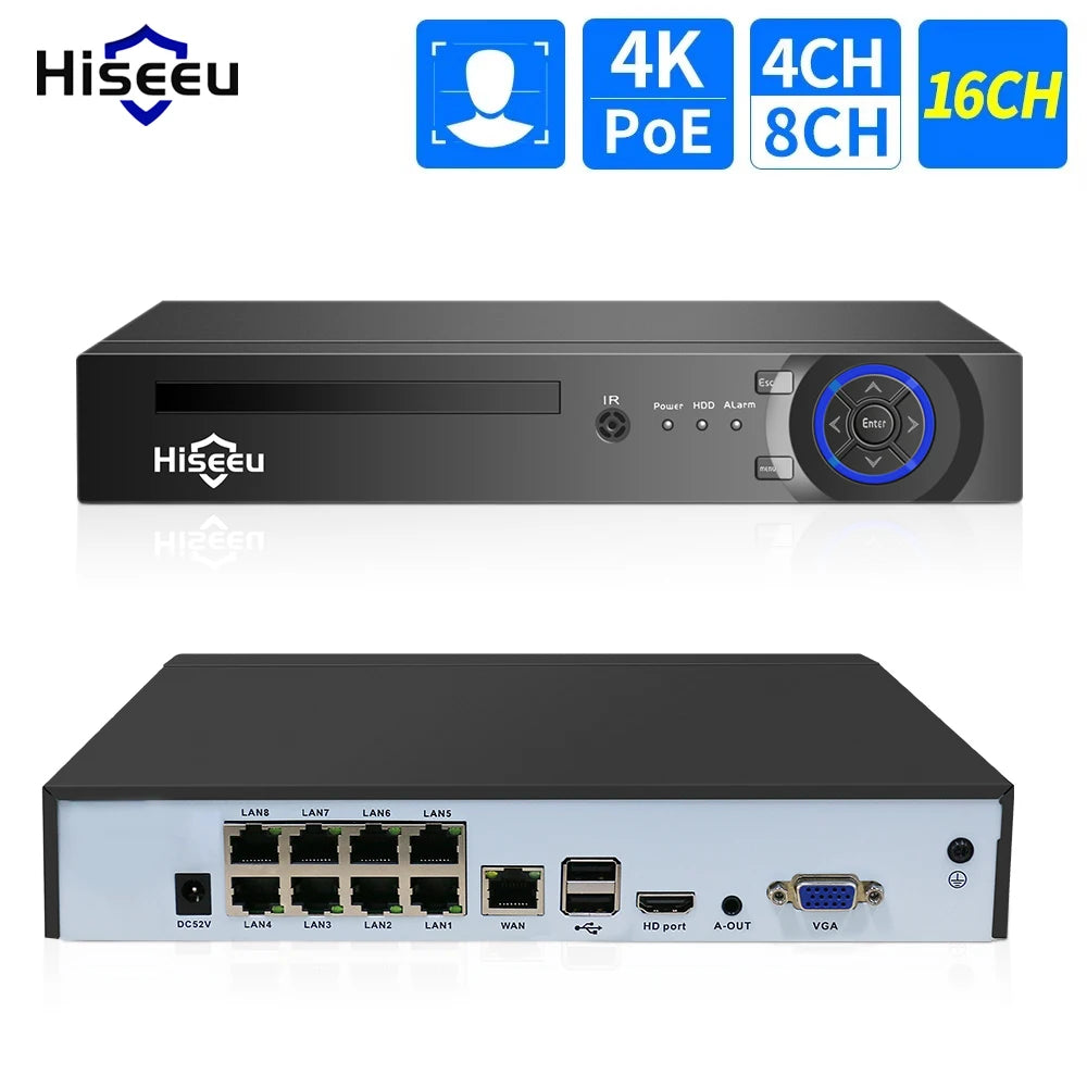 Grabador NVR POE Hiseeu H.265+ – 8CH / 16CH, 4K, Detección Facial, Compatible Hikvision/Dahua, App XMeye