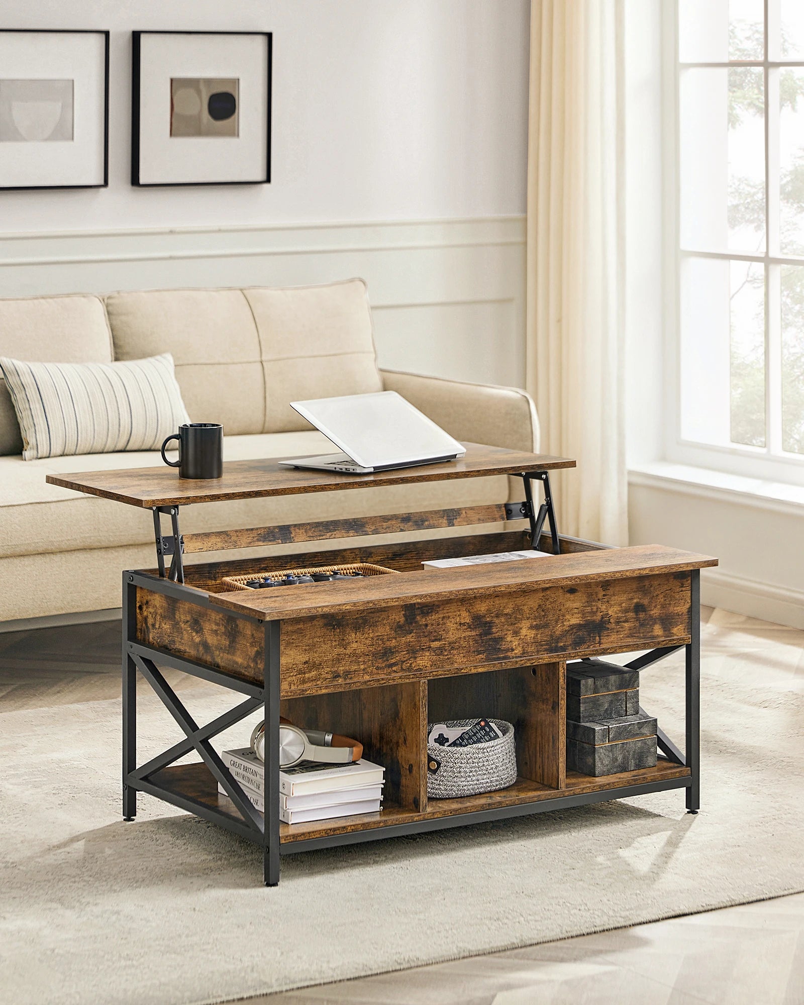 Mesa de Centro Elevable VASAGLE – Tapa Abatible, Almacenamiento Abierto y Oculto, Barras en X, 60×100×(48-62) cm