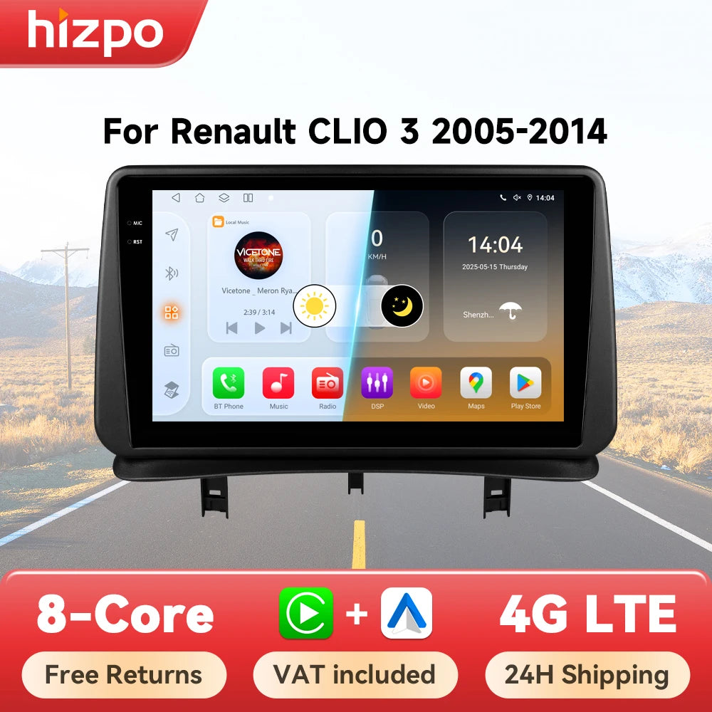 Radio Multimedia HIZPO para Renault Clio 3 (2005-2014) – Android 13, CarPlay, Android Auto, GPS, 4G, Pantalla 9"