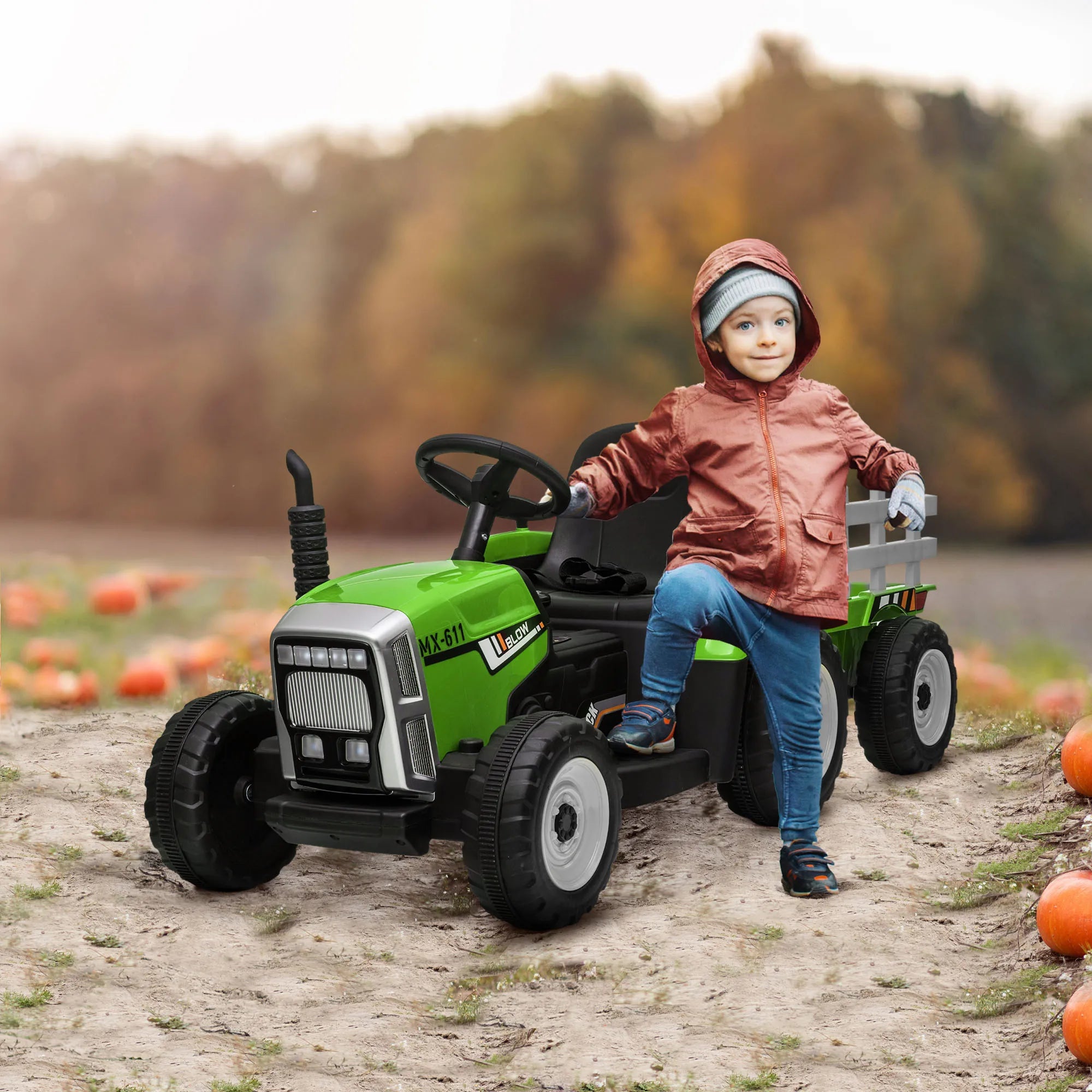 Tractor Eléctrico HOMCOM con Remolque para Niños de 3 a 6 Años — 12V, Mando a Distancia, Luces y Música