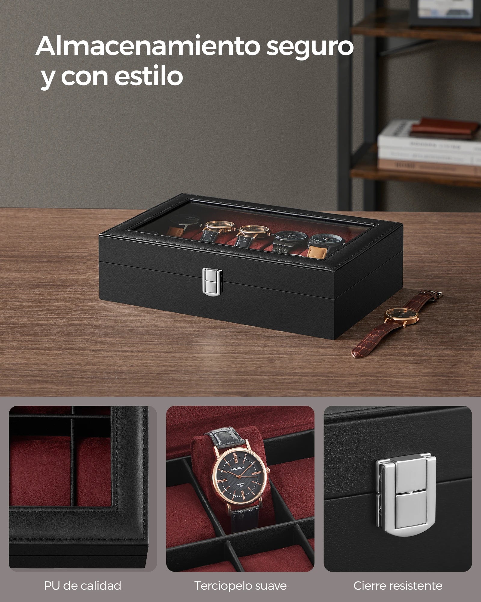 Caja para Relojes SONGMICS 12 Compartimentos – Tapa de Cristal, Cuero Sintético, Varios Colores