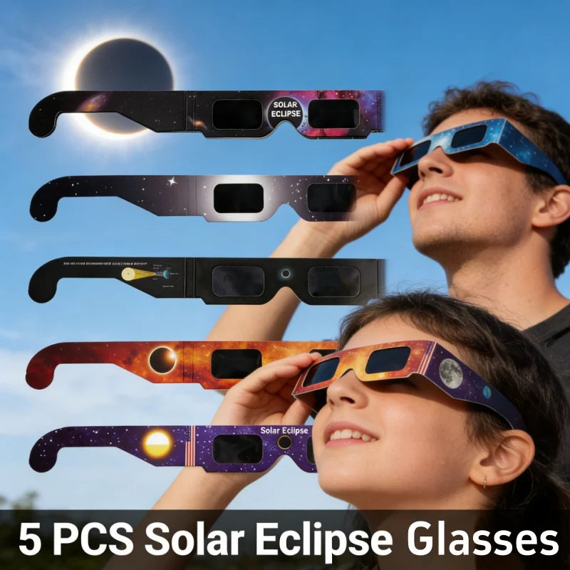 Gafas para Eclipse Solar, 5 Piezas, Protección UV, Visualización Segura del Sol Directo, Marcos de Papel de Color Aleatorio, para Adultos y Niños, Observación del Eclipse Solar