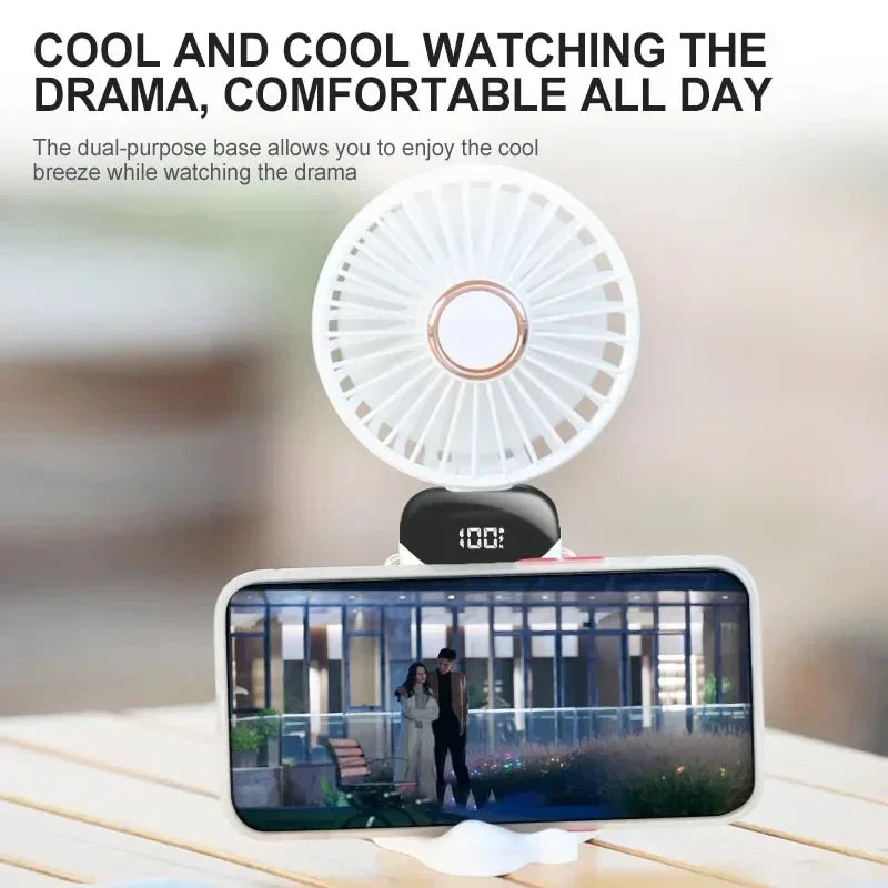 Ventilador Mini Portátil Plegable para Cuello y Mano – 5 Velocidades, USB Recargable, con Soporte para Móvil y Pantalla, 1800mAh