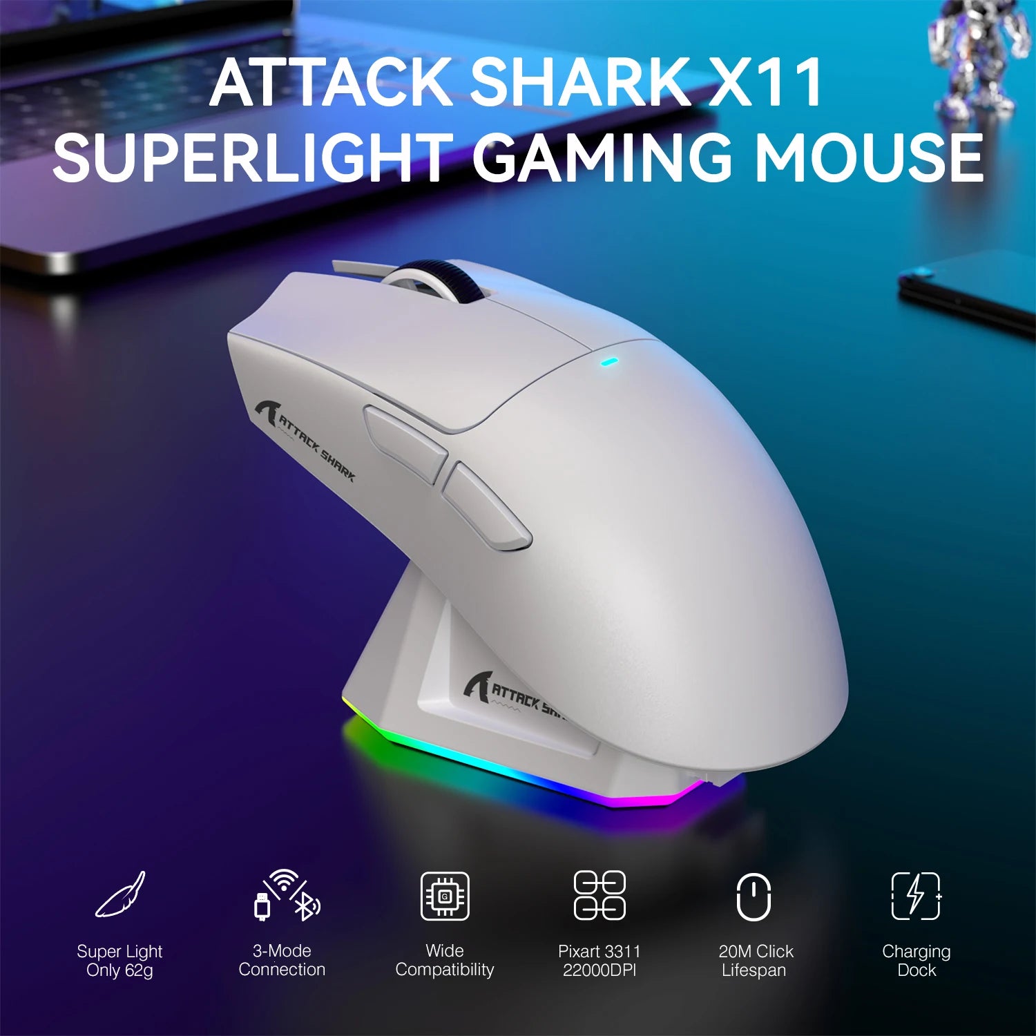 Ratón Gaming Inalámbrico Attack Shark X11 – 22.000 DPI, Sensor PAW3311, RGB, Ultraligero