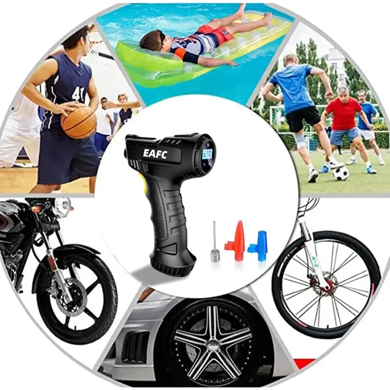Compresor de Aire Portátil EAFC 120W – Inalámbrico/Cable, Pantalla Digital, Para Coche, Bicicleta y Pelotas