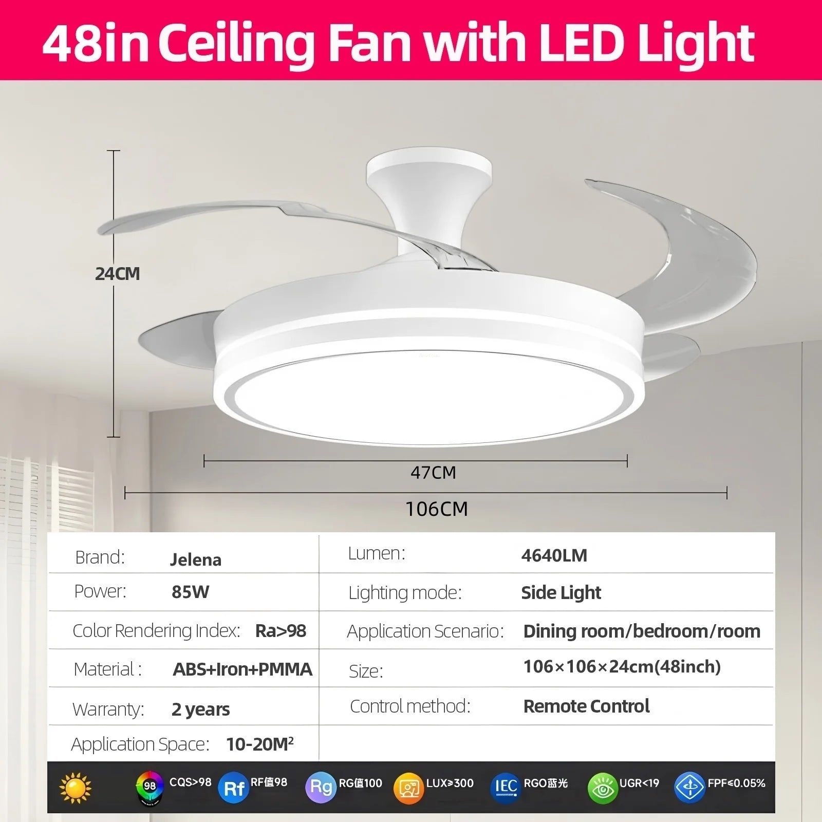Ventilador de Techo Retráctil de Bajo Consumo con Luz LED, Mando a Distancia, 3 Temperaturas de Color, 6 Velocidades Ajustables – Ideal para Salón y Hogar