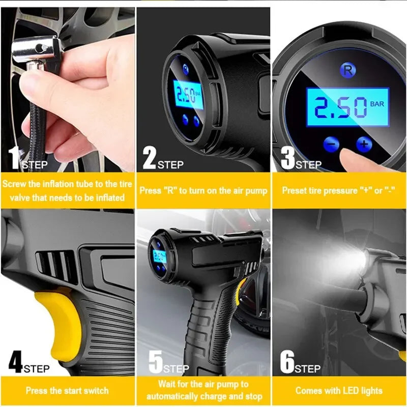 Compresor de Aire Portátil EAFC 120W – Inalámbrico/Cable, Pantalla Digital, Para Coche, Bicicleta y Pelotas