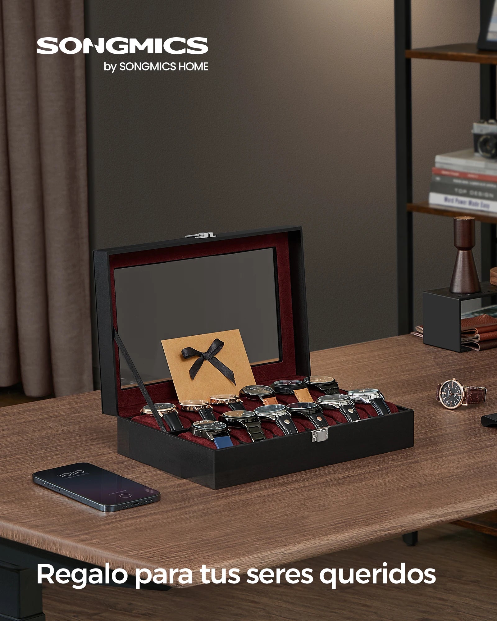 Caja para Relojes SONGMICS 12 Compartimentos – Tapa de Cristal, Cuero Sintético, Varios Colores