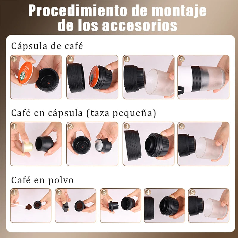 Cafetera Eléctrica Portátil de Cápsulas Espresso 3 en 1 — Inalámbrica, para Viaje y Coche