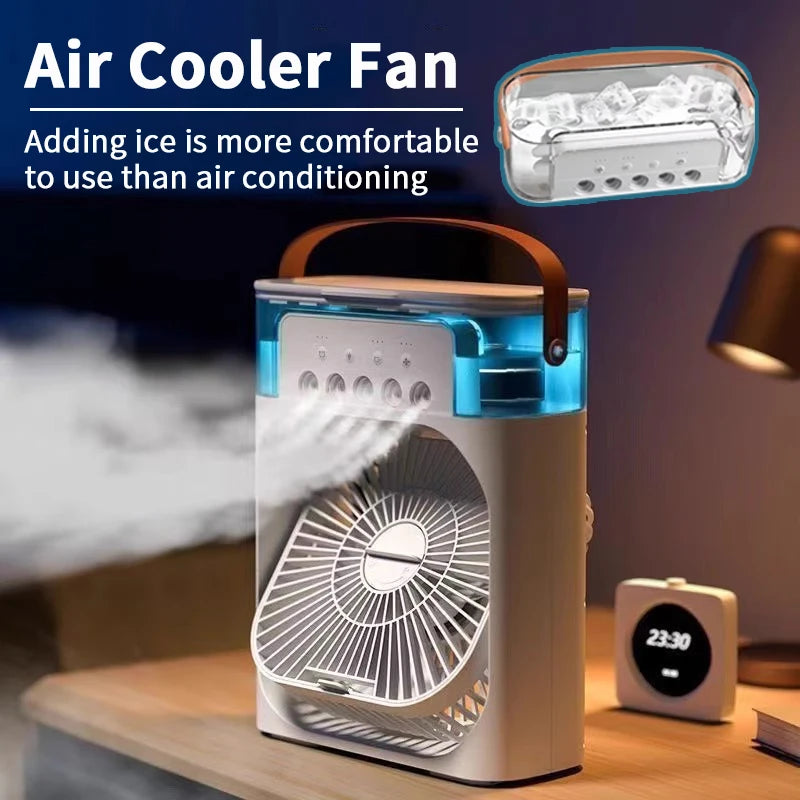 Ventilador 3 en 1 OIMG Portatil, Mini Aire Acondicionado con Humidificador, Luz LED de 7 Colores, 3 Velocidades y 3 Modos de Nebulizacion para Hogar y Oficina