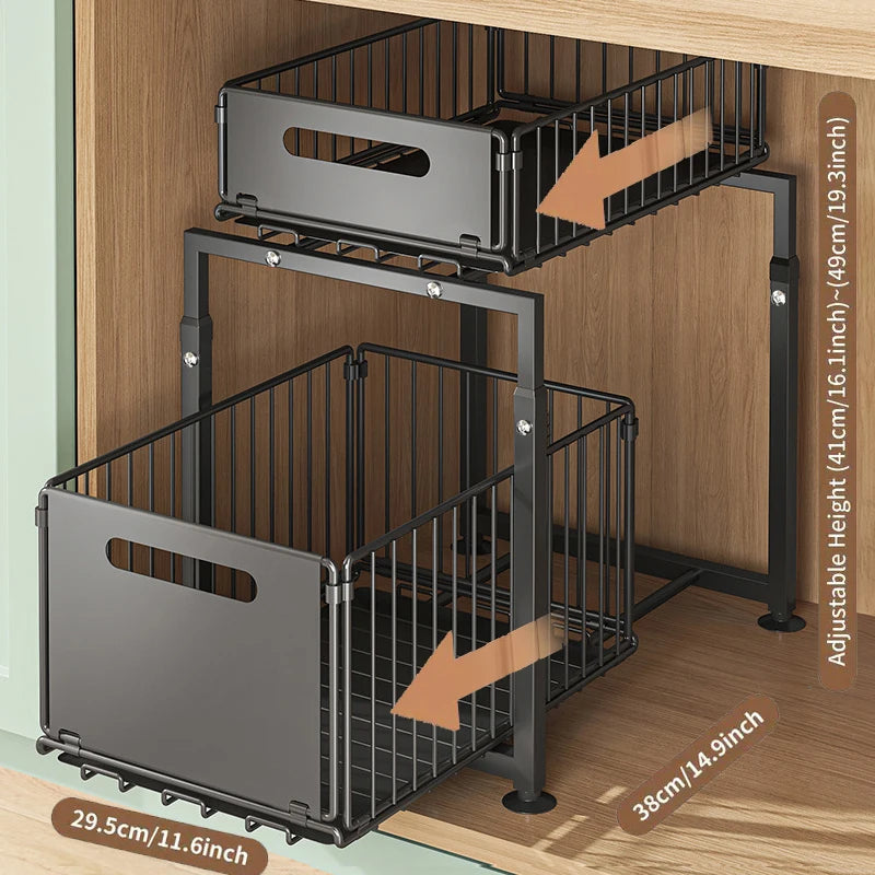 Organizador Extraíble 2 Niveles para Armario y Bajo Fregadero – Acero, Altura Ajustable, Negro
