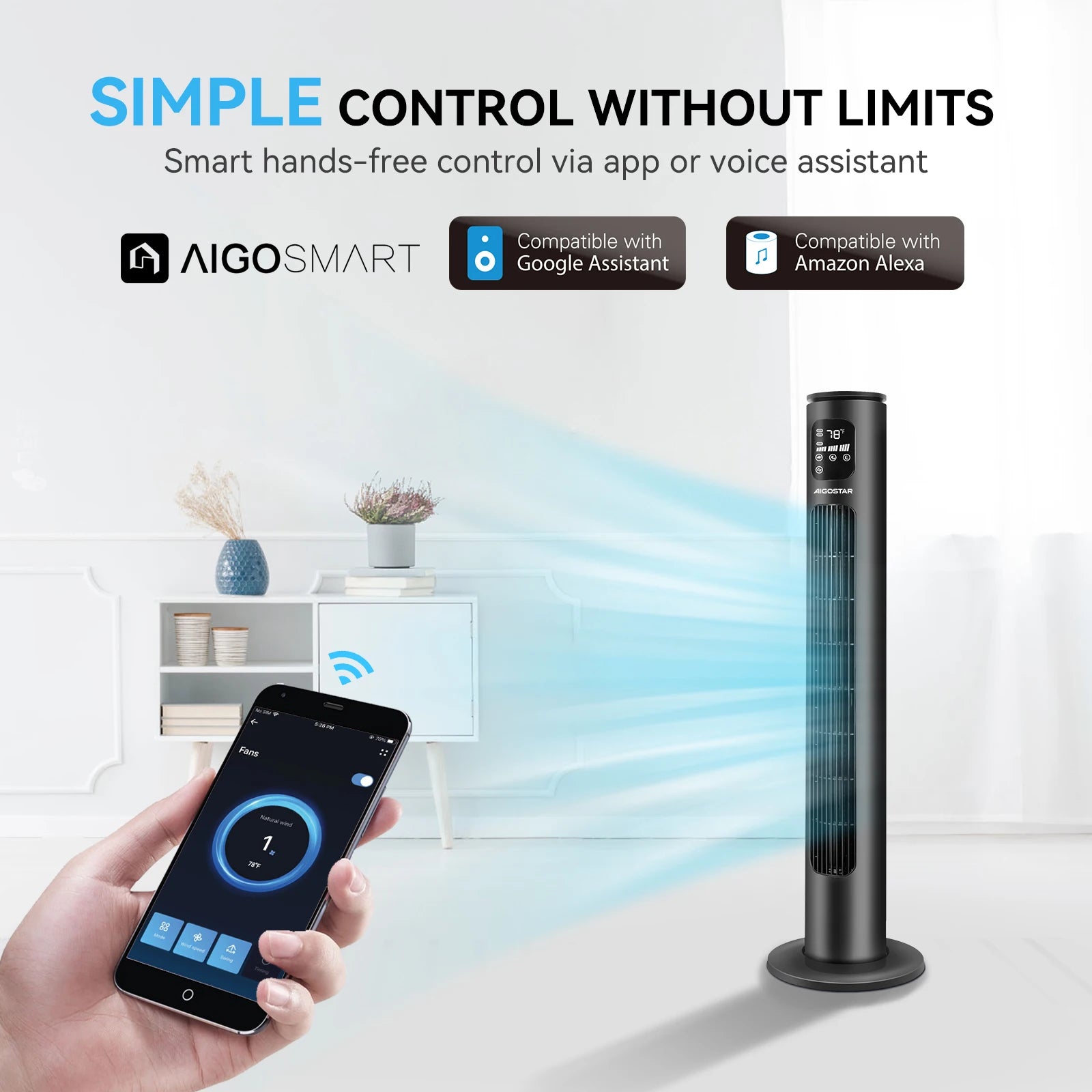 Ventilador de Torre 40'' AIGOSTAR, Inteligente, Control por App, Compatible con Alexa y Google Home, Oscilación, Temporizador 24H