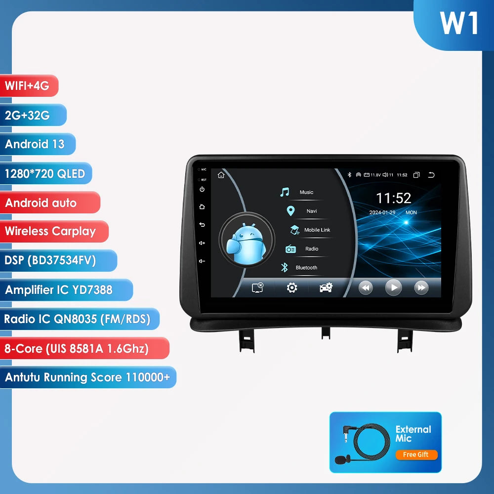 Radio Multimedia HIZPO para Renault Clio 3 (2005-2014) – Android 13, CarPlay, Android Auto, GPS, 4G, Pantalla 9"