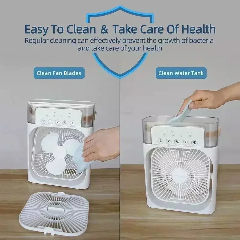 Ventilador 3 en 1 OIMG Portatil, Mini Aire Acondicionado con Humidificador, Luz LED de 7 Colores, 3 Velocidades y 3 Modos de Nebulizacion para Hogar y Oficina