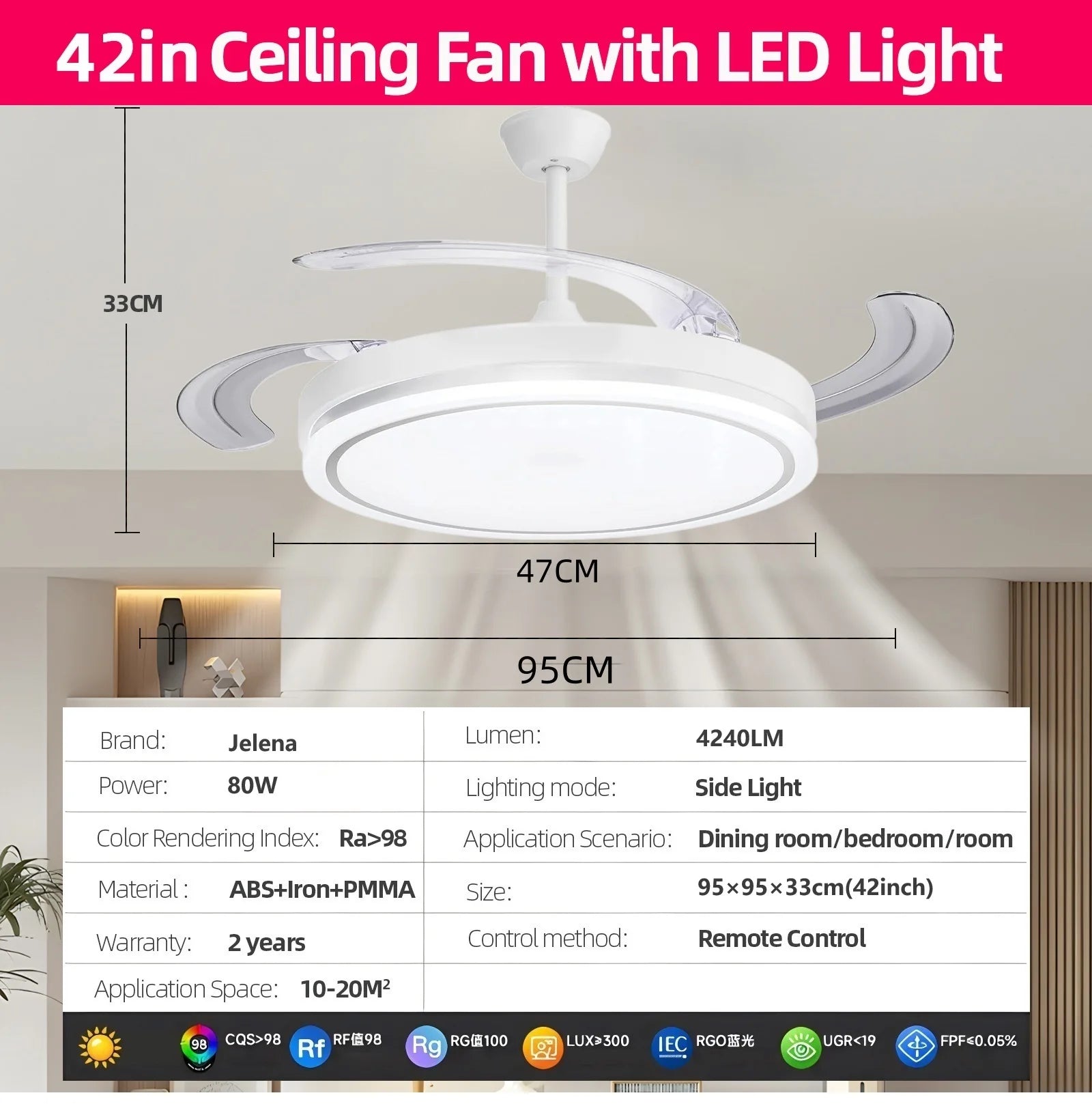 Ventilador de Techo Retráctil de Bajo Consumo con Luz LED, Mando a Distancia, 3 Temperaturas de Color, 6 Velocidades Ajustables – Ideal para Salón y Hogar