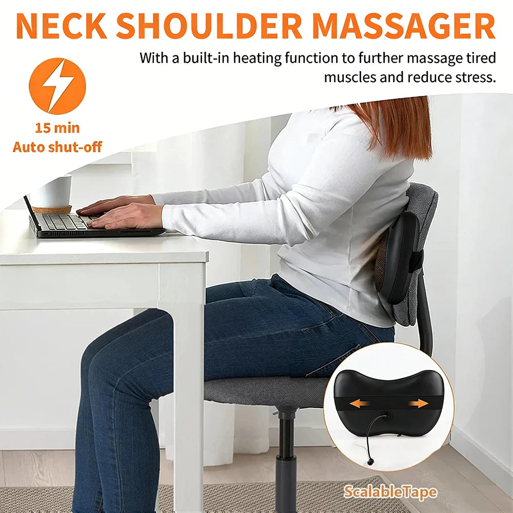 Almohada Masajeadora Eléctrica Shiatsu para Cuello y Espalda — Calor Infrarrojo, Amasamiento 8D, 6 Modos