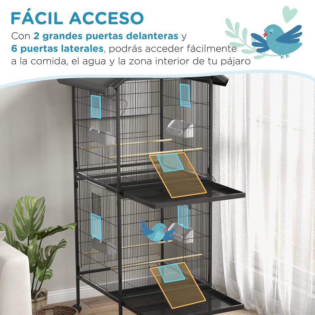 Jaula para Pájaros PawHut 2 en 1 de 2 Plantas — 78x75x168 cm, Acero Negro, con Accesorios