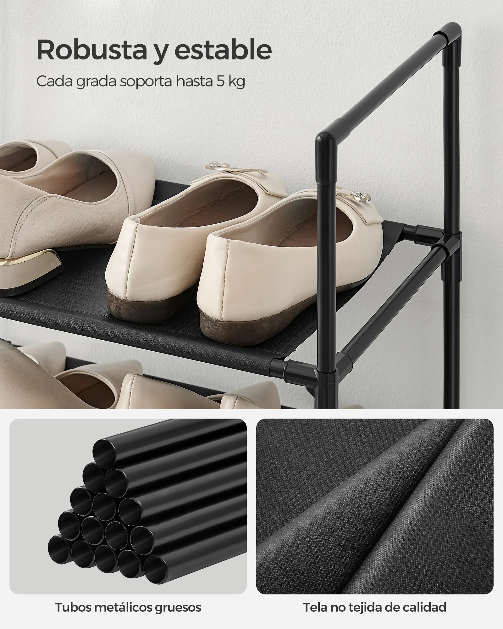 Zapatero 10 Niveles SONGMICS – Ahorra Espacio, Estructura Metálica, 45 × 28 × 173 cm, Negro/Gris