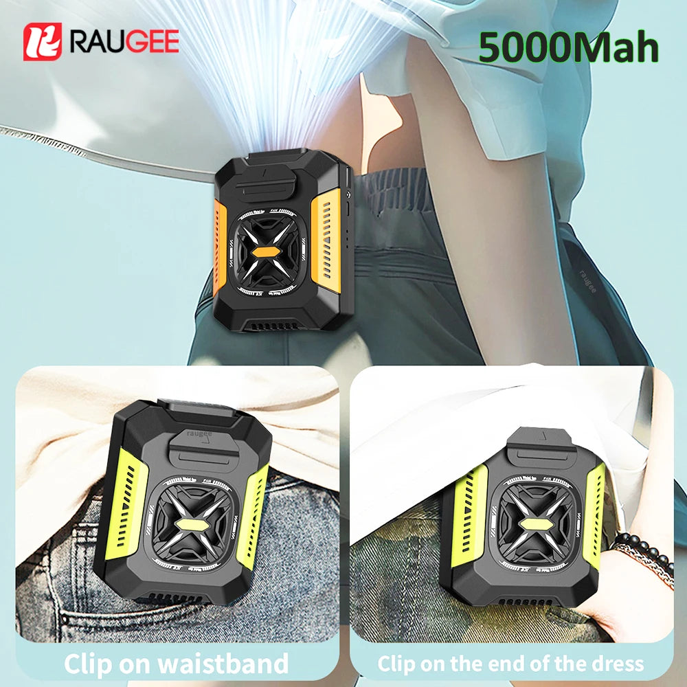 Ventilador de Cintura raugee 5000 mAh Portatil 2 en 1 con Linterna, Bateria Externa, 3 Velocidades, para Exteriores y Viajes