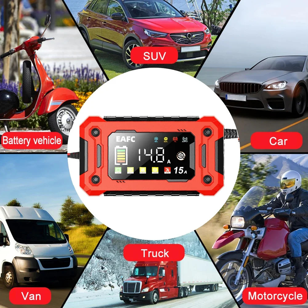Cargador Inteligente de Batería de Coche EAFC 12V 15A/8A – Reparación por Pulsos, Pantalla Táctil, 4 Modos
