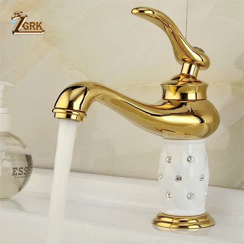 Grifo de Lavabo ZGRK Dorado Diamante | Monomando Latón | Agua Fría y Caliente | Estilo Clásico de Lujo
