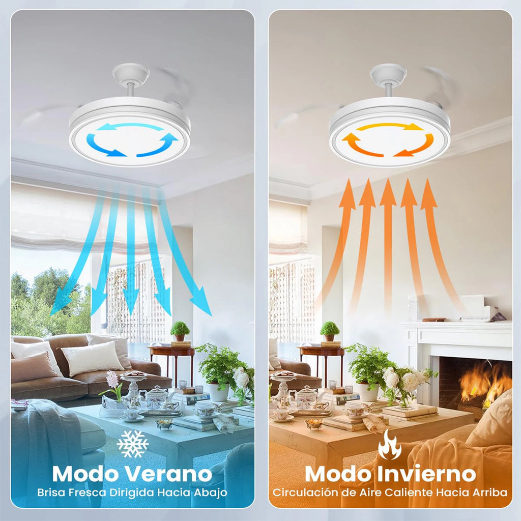 Ventilador de Techo Retráctil de Bajo Consumo con Luz LED, Mando a Distancia, 3 Temperaturas de Color, 6 Velocidades Ajustables – Ideal para Salón y Hogar