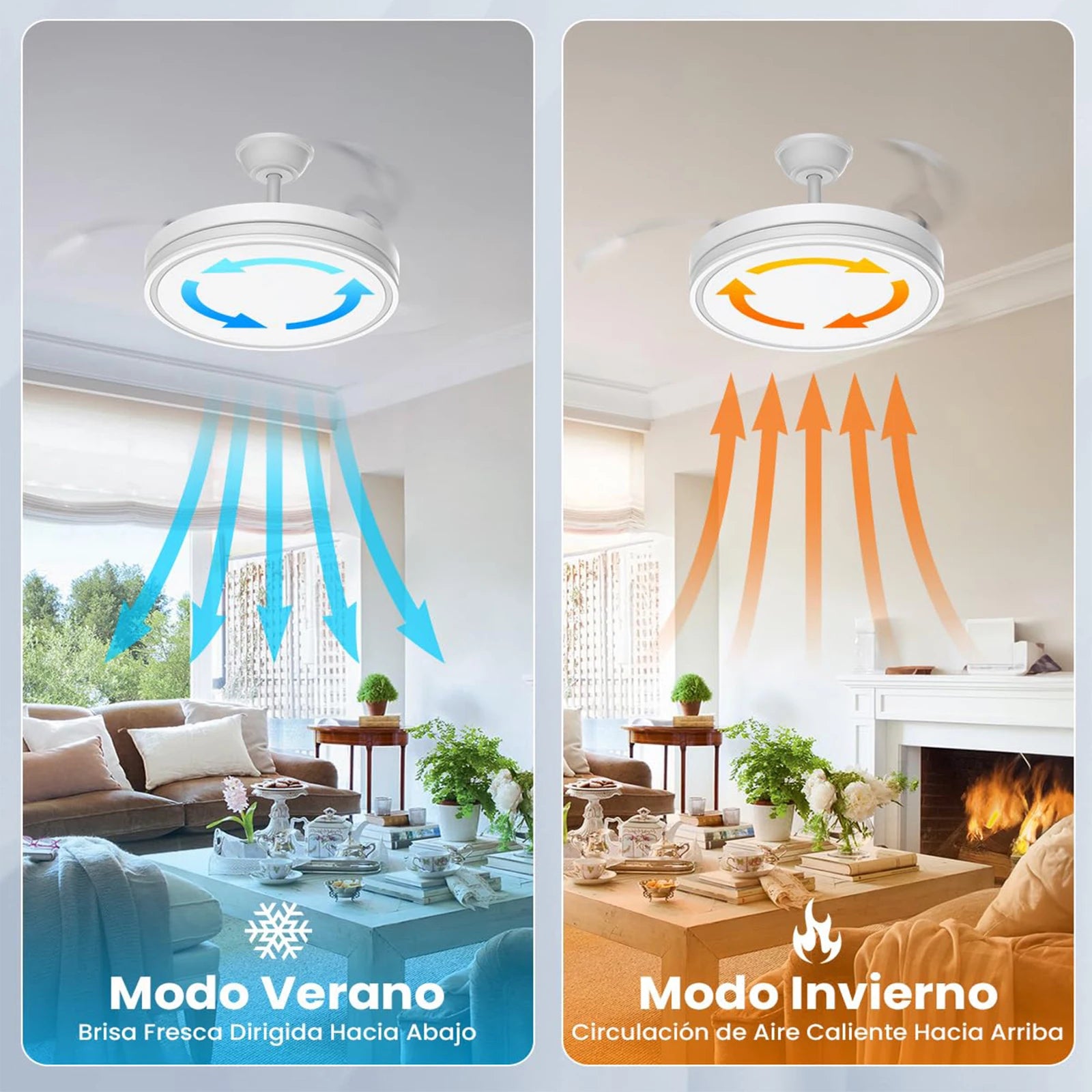 Ventilador de Techo Retráctil de Bajo Consumo con Luz LED, Mando a Distancia, 3 Temperaturas de Color, 6 Velocidades Ajustables – Ideal para Salón y Hogar