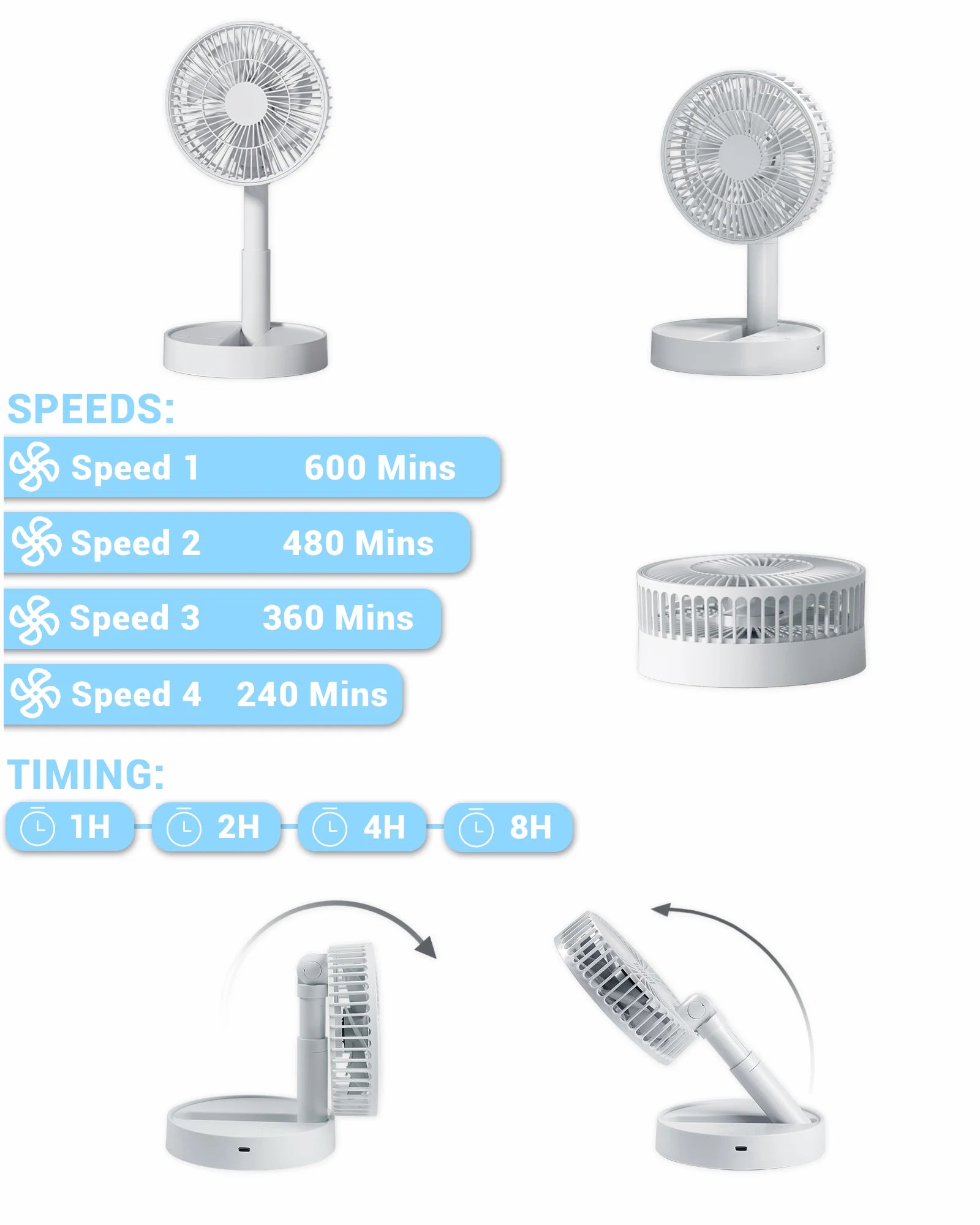 Ventilador Plegable USB kasydoff con 4 Velocidades y Temporizador, Batería Recargable, Mini Ventilador de Mesa para Dormitorio, Interior y Exterior