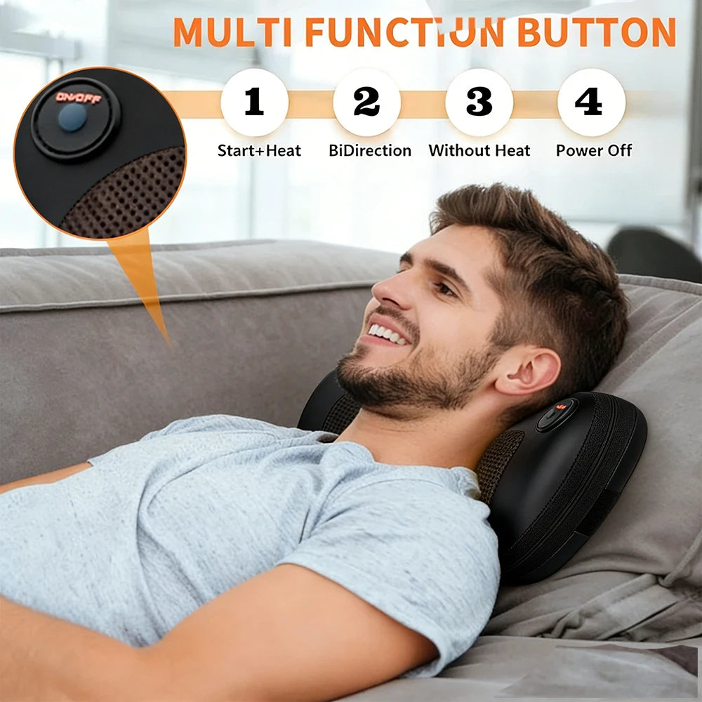Almohada Masajeadora Eléctrica Shiatsu para Cuello y Espalda — Calor Infrarrojo, Amasamiento 8D, 6 Modos