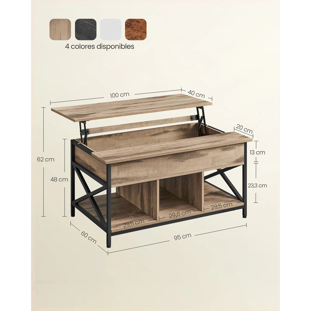 Mesa de Centro Elevable VASAGLE – Tapa Abatible, Almacenamiento Abierto y Oculto, Barras en X, 60×100×(48-62) cm