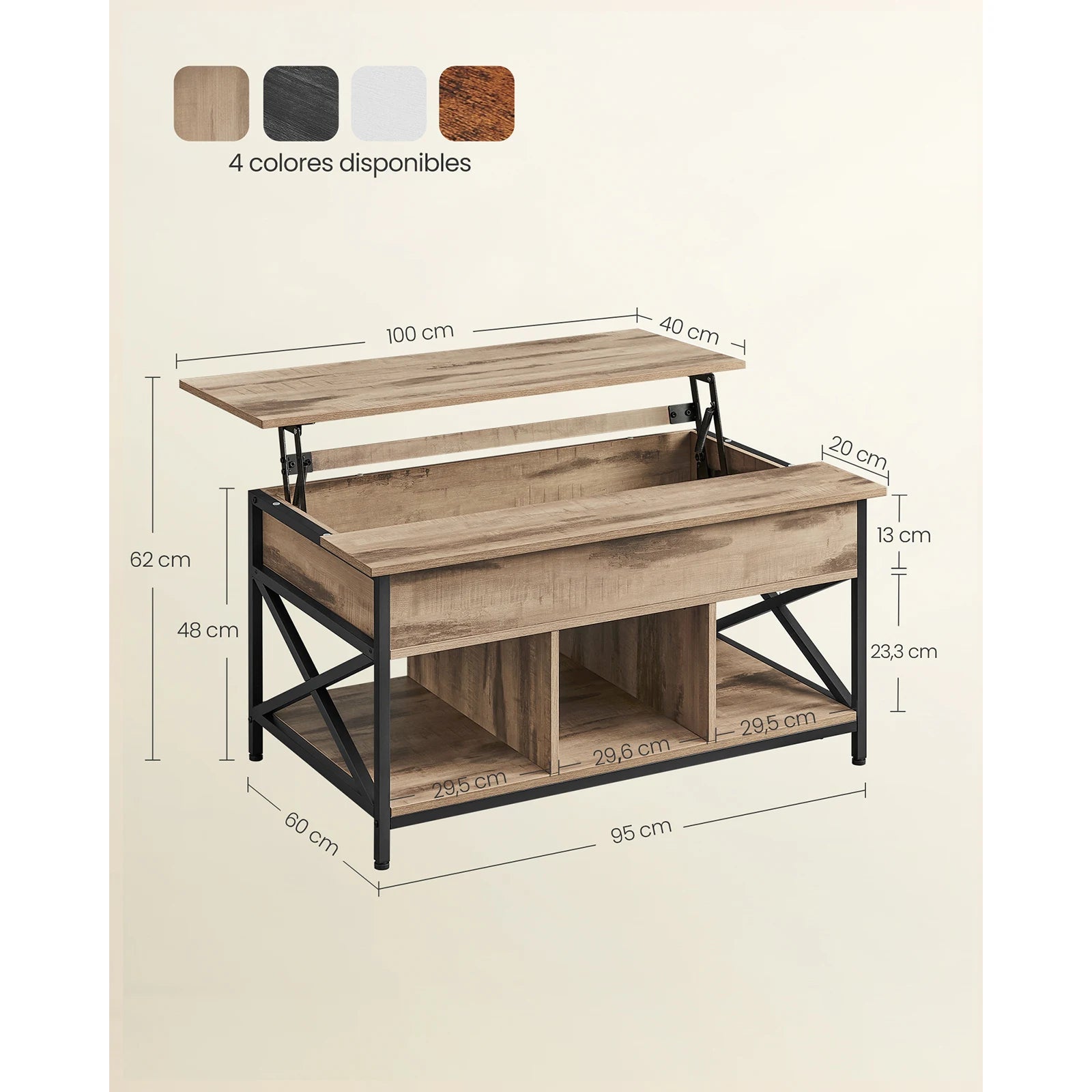 Mesa de Centro Elevable VASAGLE – Tapa Abatible, Almacenamiento Abierto y Oculto, Barras en X, 60×100×(48-62) cm