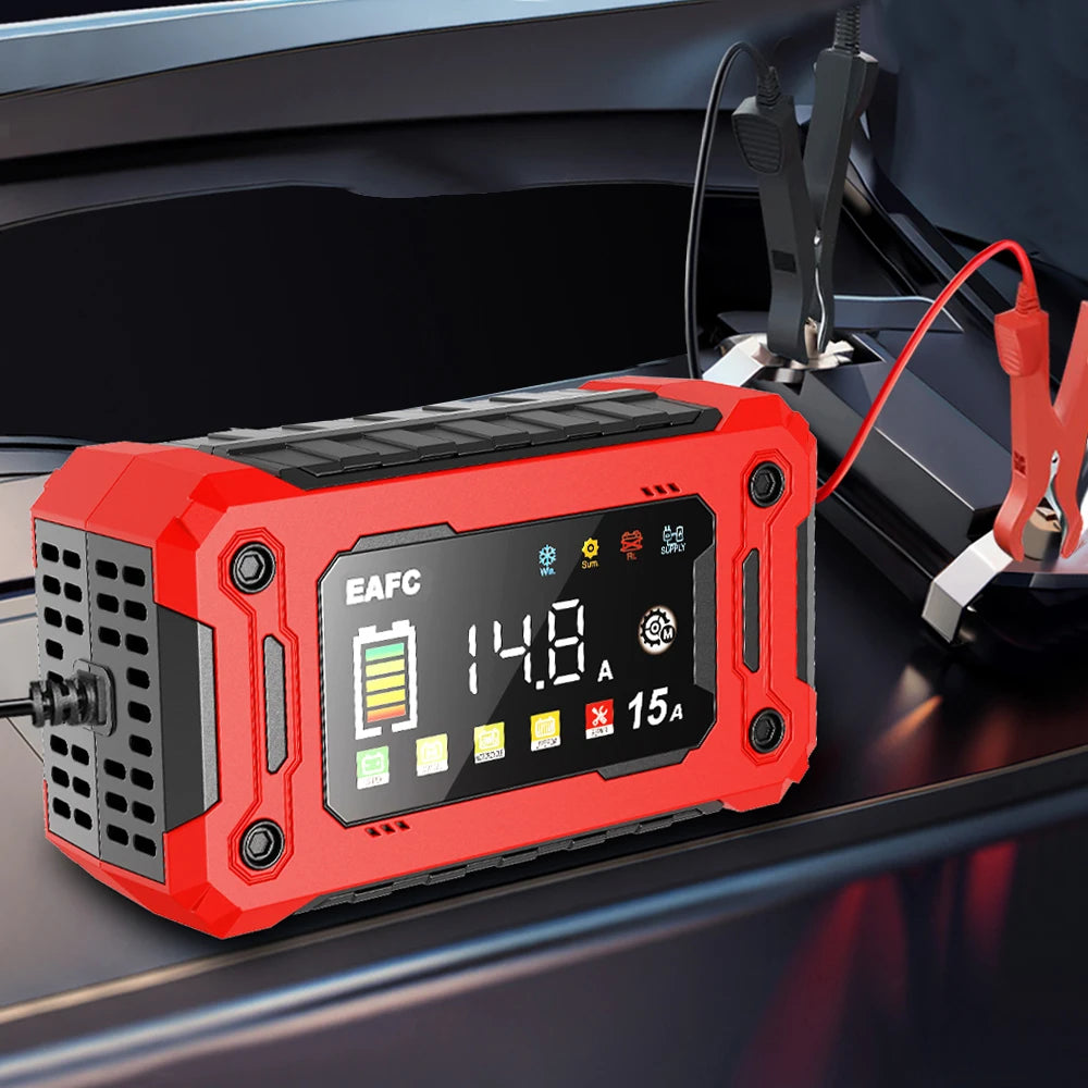 Cargador Inteligente de Batería de Coche EAFC 12V 15A/8A – Reparación por Pulsos, Pantalla Táctil, 4 Modos