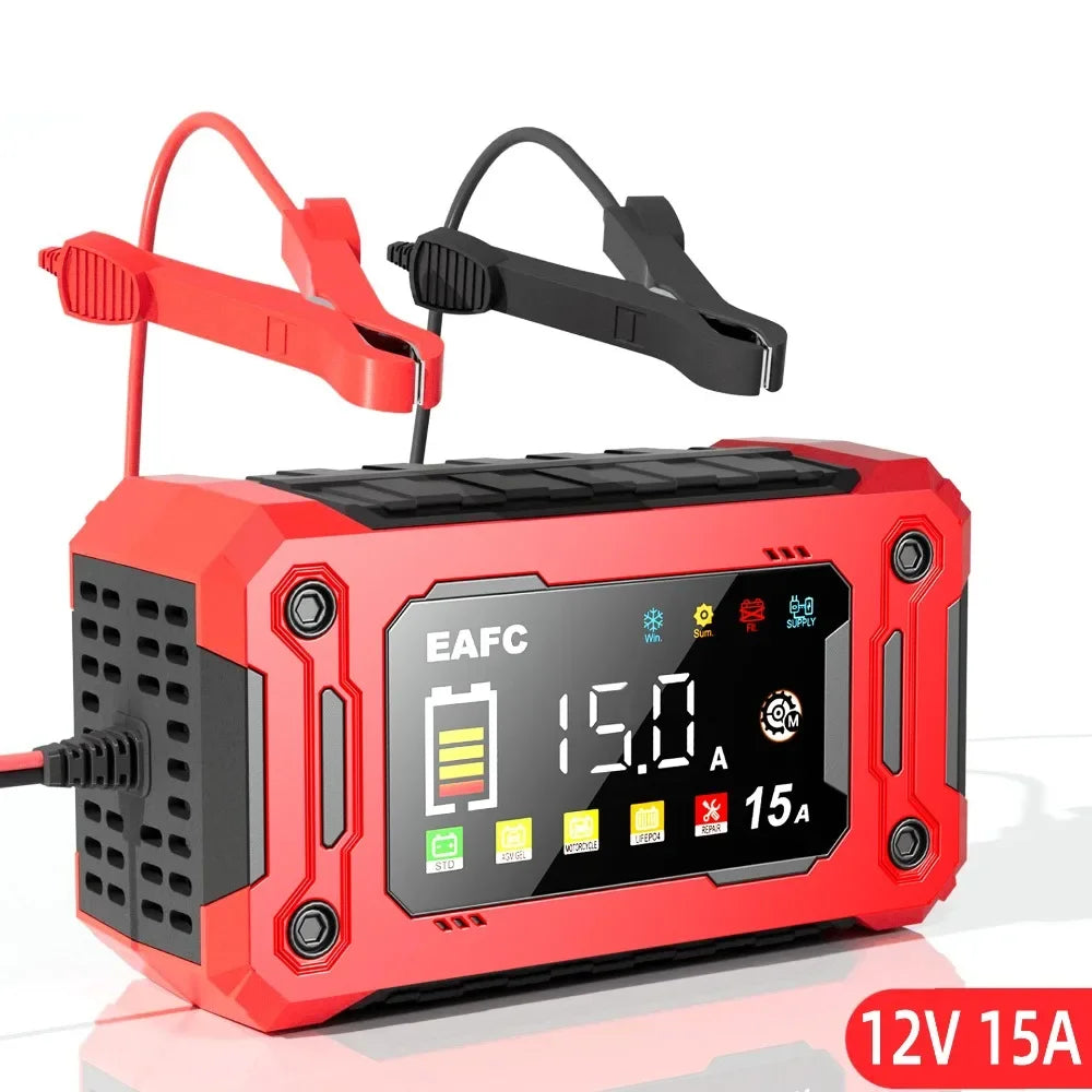 Cargador Inteligente de Batería de Coche EAFC 12V 15A/8A – Reparación por Pulsos, Pantalla Táctil, 4 Modos