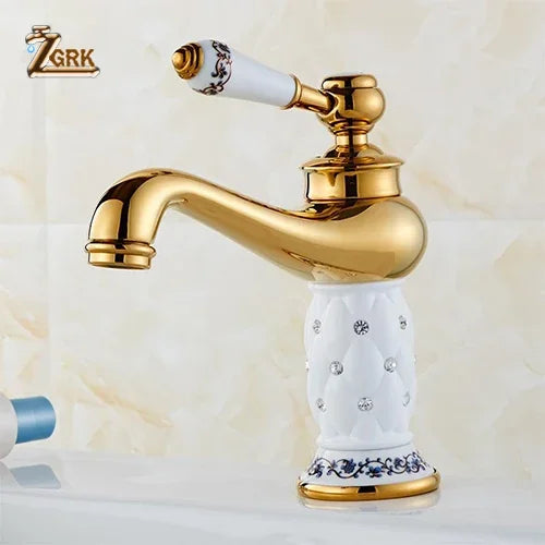 Grifo de Lavabo ZGRK Dorado Diamante | Monomando Latón | Agua Fría y Caliente | Estilo Clásico de Lujo