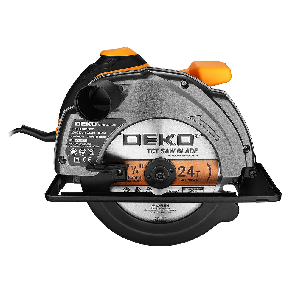 Sierra Circular Eléctrica DEKO 185mm – 1500W, 4800 RPM, Multifuncional con Mango Auxiliar, 220V
