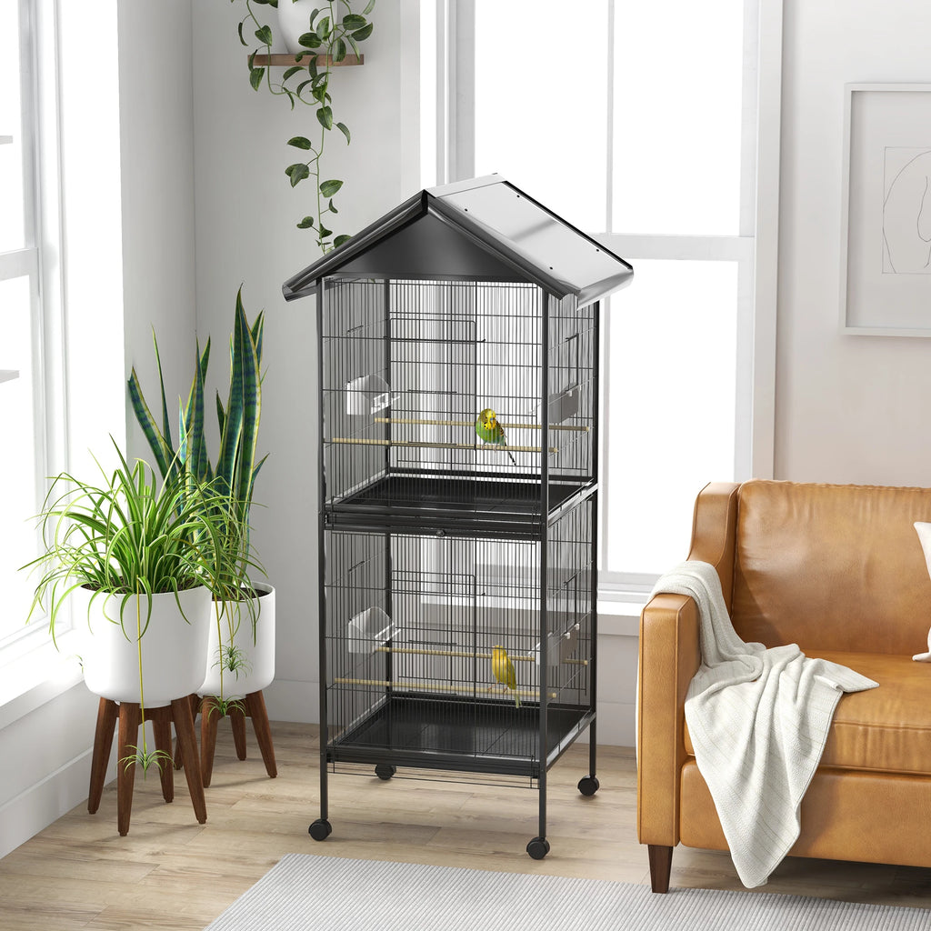 Jaula para Pájaros PawHut 2 en 1 de 2 Plantas — 78x75x168 cm, Acero Negro, con Accesorios