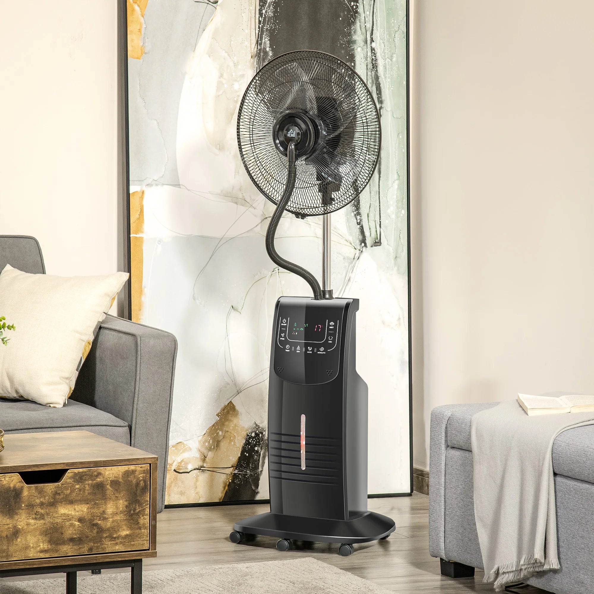 Ventilador de Pie HOMCOM con Nebulizador 90W, Oscilacion, Mando a Distancia, Ionizador, Repelente de Mosquitos, Temporizador 12H, 44,5x135 cm, Negro