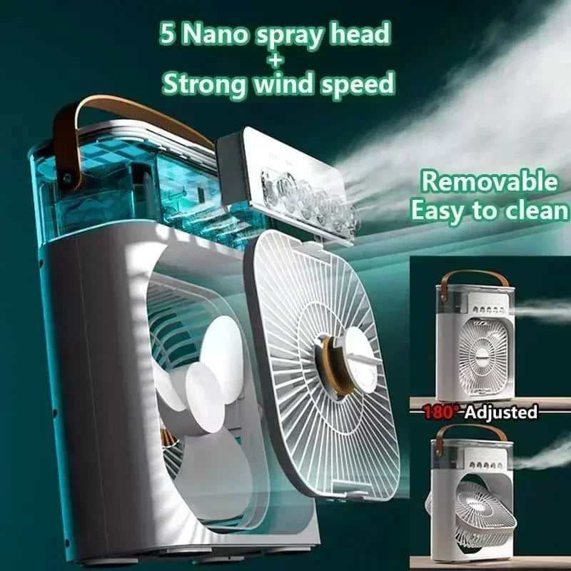 Ventilador 3 en 1 OIMG Portatil, Mini Aire Acondicionado con Humidificador, Luz LED de 7 Colores, 3 Velocidades y 3 Modos de Nebulizacion para Hogar y Oficina