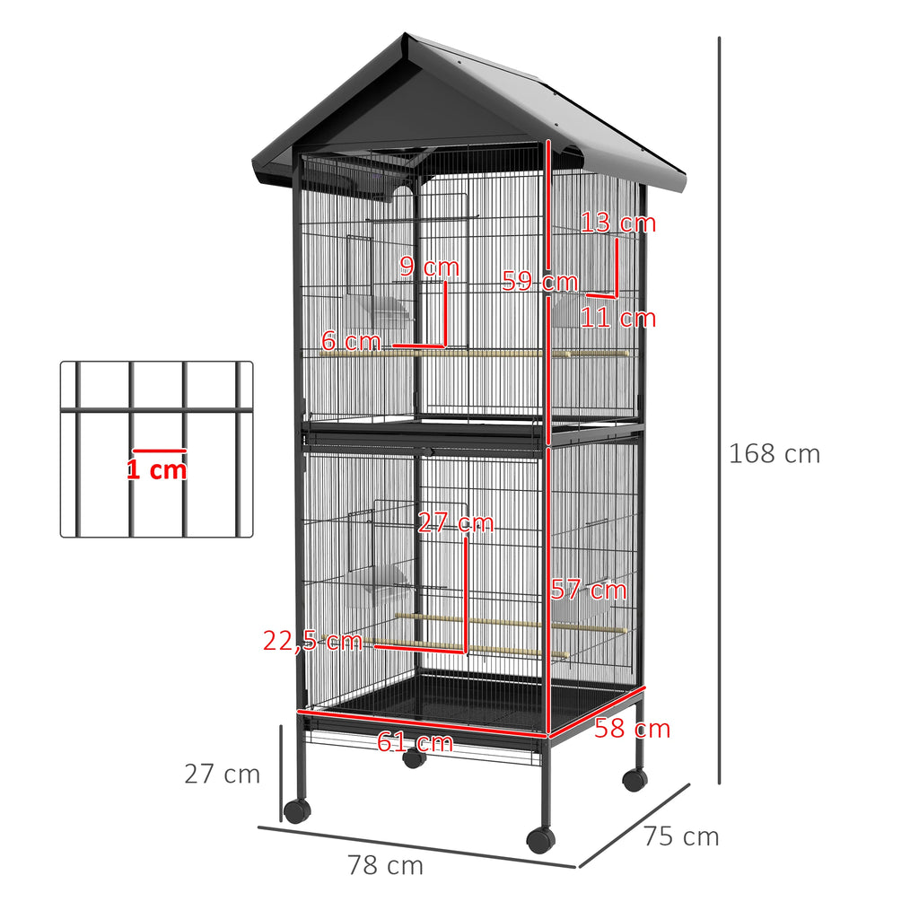 Jaula para Pájaros PawHut 2 en 1 de 2 Plantas — 78x75x168 cm, Acero Negro, con Accesorios