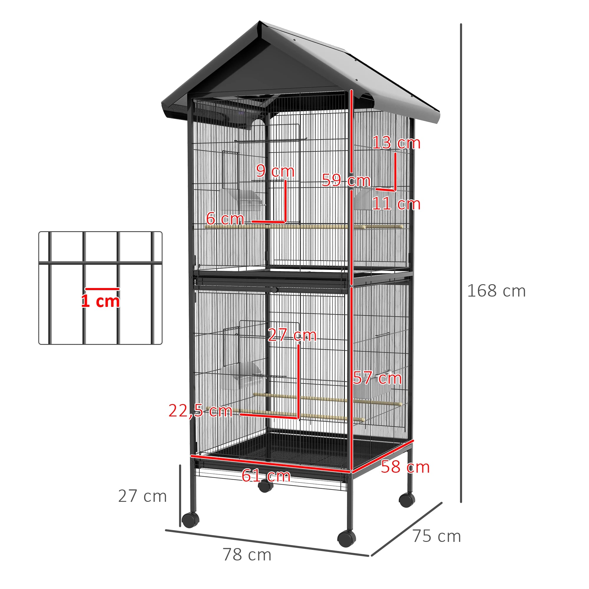 Jaula para Pájaros PawHut 2 en 1 de 2 Plantas — 78x75x168 cm, Acero Negro, con Accesorios