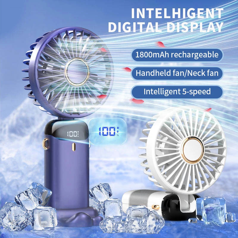 Ventilador Mini Portátil Plegable para Cuello y Mano – 5 Velocidades, USB Recargable, con Soporte para Móvil y Pantalla, 1800mAh