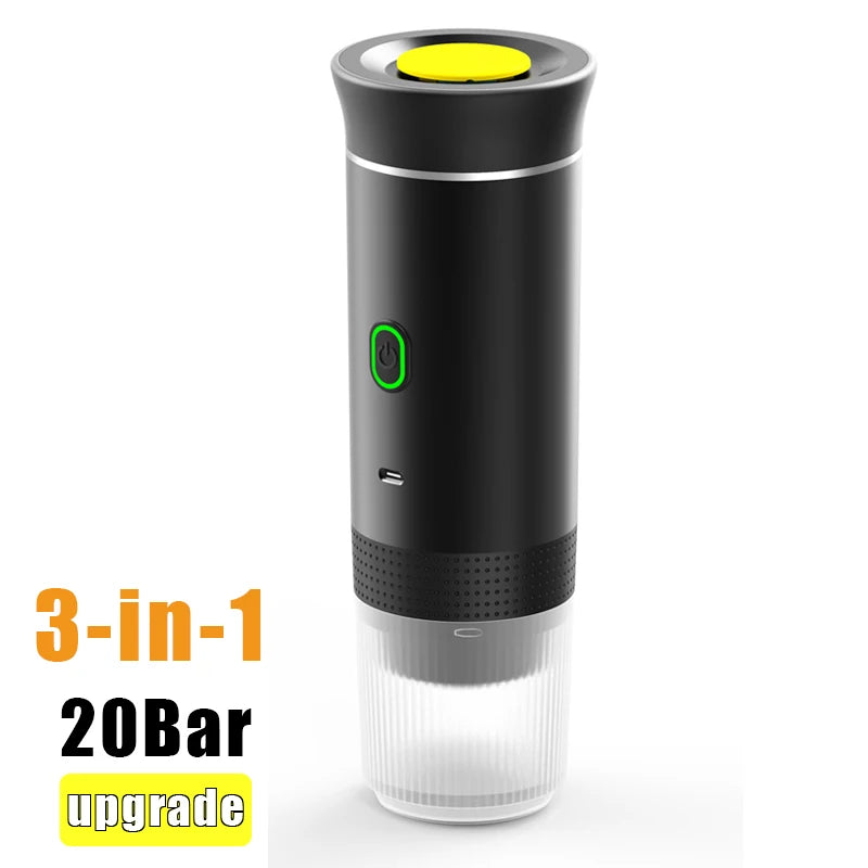 Cafetera Portátil 3 en 1 MicroData — Eléctrica Inalámbrica para Cápsulas y Café Molido, Coche, Casa y Camping