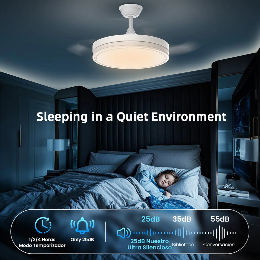 Ventilador de Techo Retráctil de Bajo Consumo con Luz LED, Mando a Distancia, 3 Temperaturas de Color, 6 Velocidades Ajustables – Ideal para Salón y Hogar