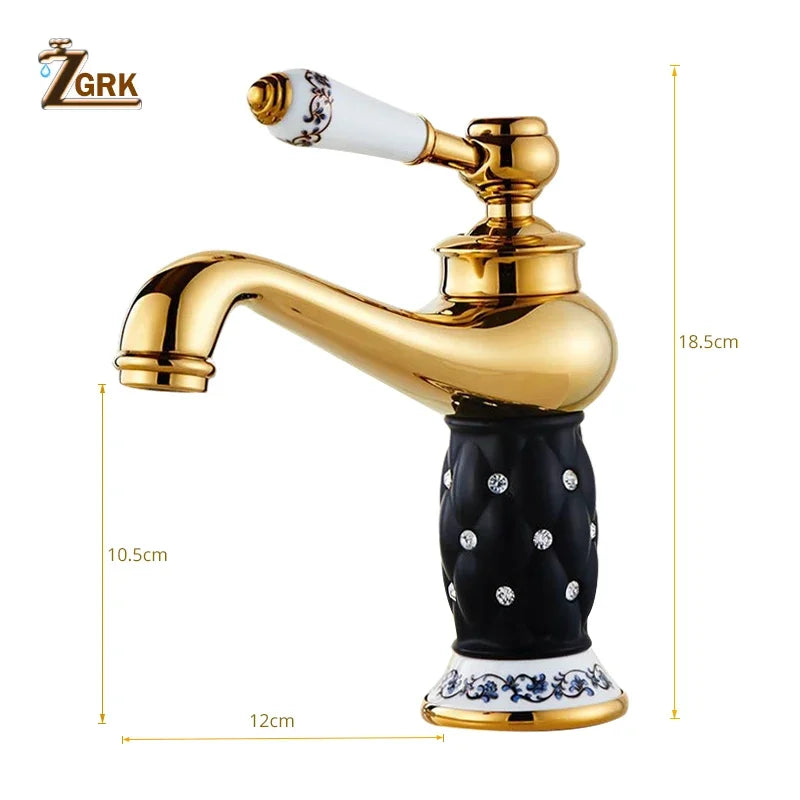 Grifo de Lavabo ZGRK Dorado Diamante | Monomando Latón | Agua Fría y Caliente | Estilo Clásico de Lujo