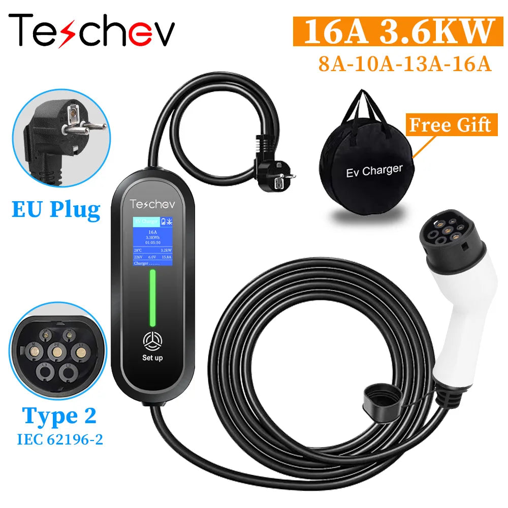 Cargador Portátil para Coche Eléctrico Teschev Type 2 IEC 62196 – 3,5 kW, 16A, IP65, Pantalla LED