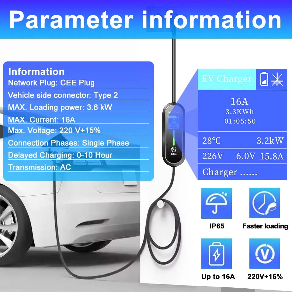 Cargador Portátil para Coche Eléctrico Teschev Type 2 IEC 62196 – 3,5 kW, 16A, IP65, Pantalla LED