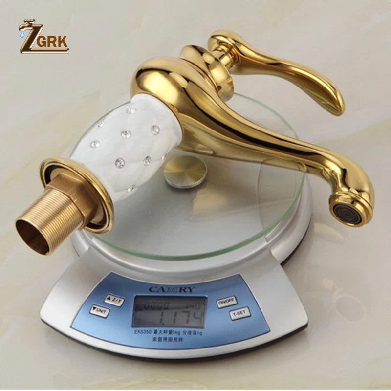 Grifo de Lavabo ZGRK Dorado Diamante | Monomando Latón | Agua Fría y Caliente | Estilo Clásico de Lujo